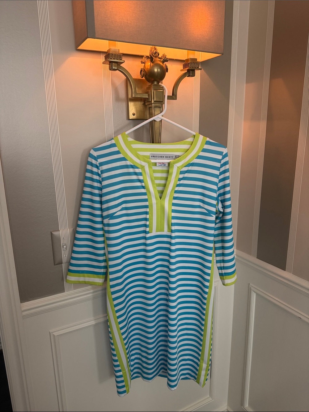 Gretchen Scott  Hinckley Split Neck Dress – Turquoise/Lime Stripe